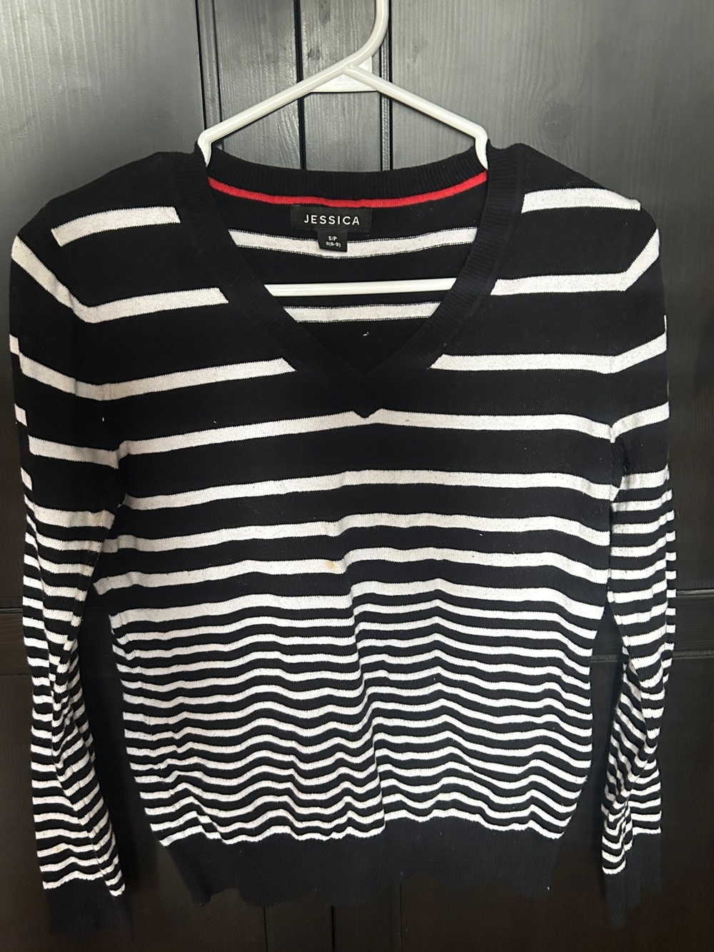 Jessica Black and White Striped V-Neck Sweater